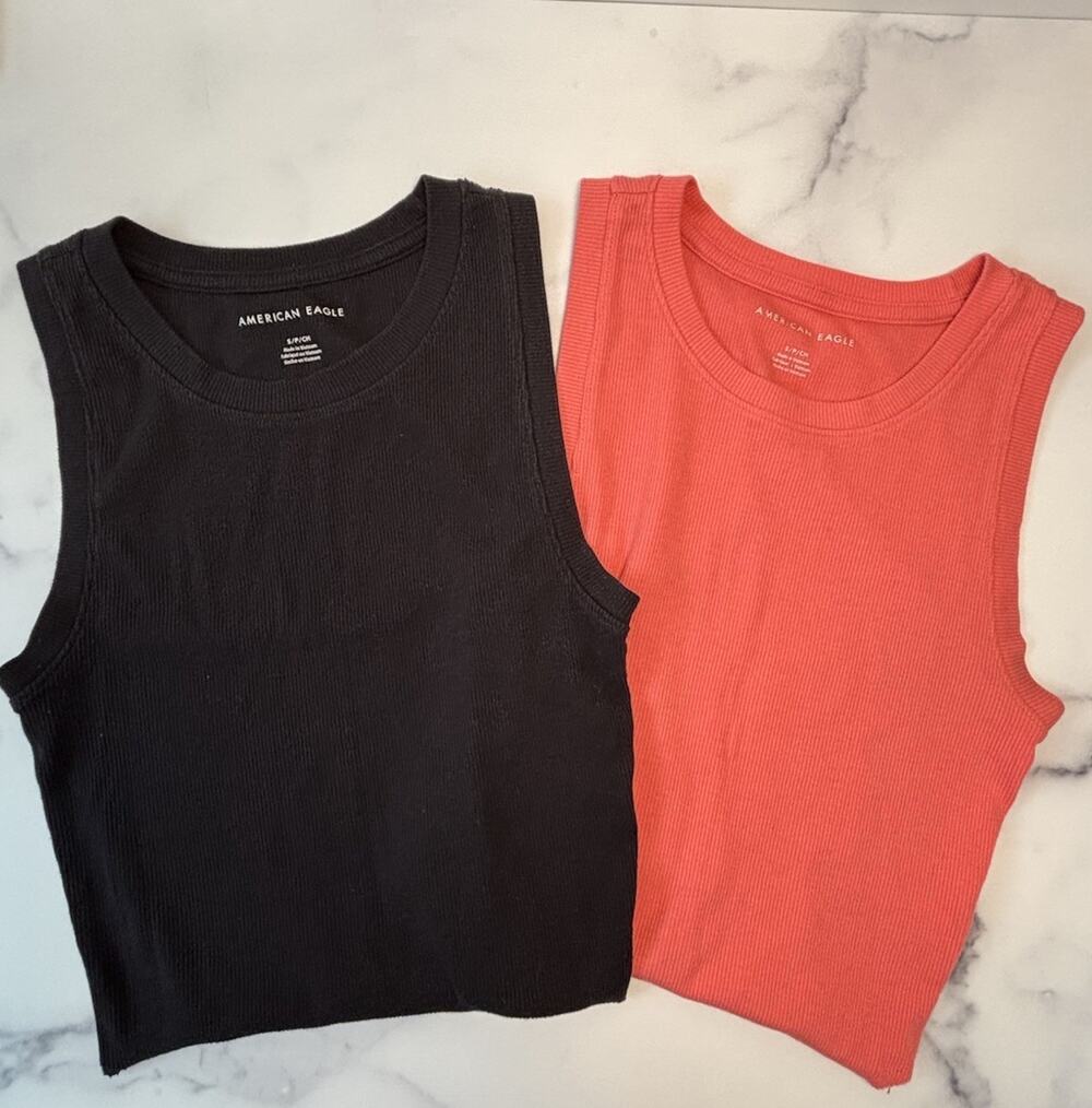 American Eagle Women’s Tank Top Lot Small Black & Coral Pink Ribbed Scoop Neck